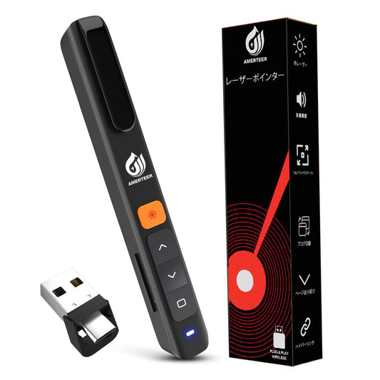 AMERTEER Wireless Presenter Laser Pointer PPT Slide Remote USB & Type-c Remote Control PSC Certified, Wireless Operation, Supports PowerPoint, Keynote, Google Slide Remote, and More with Storage Pack,