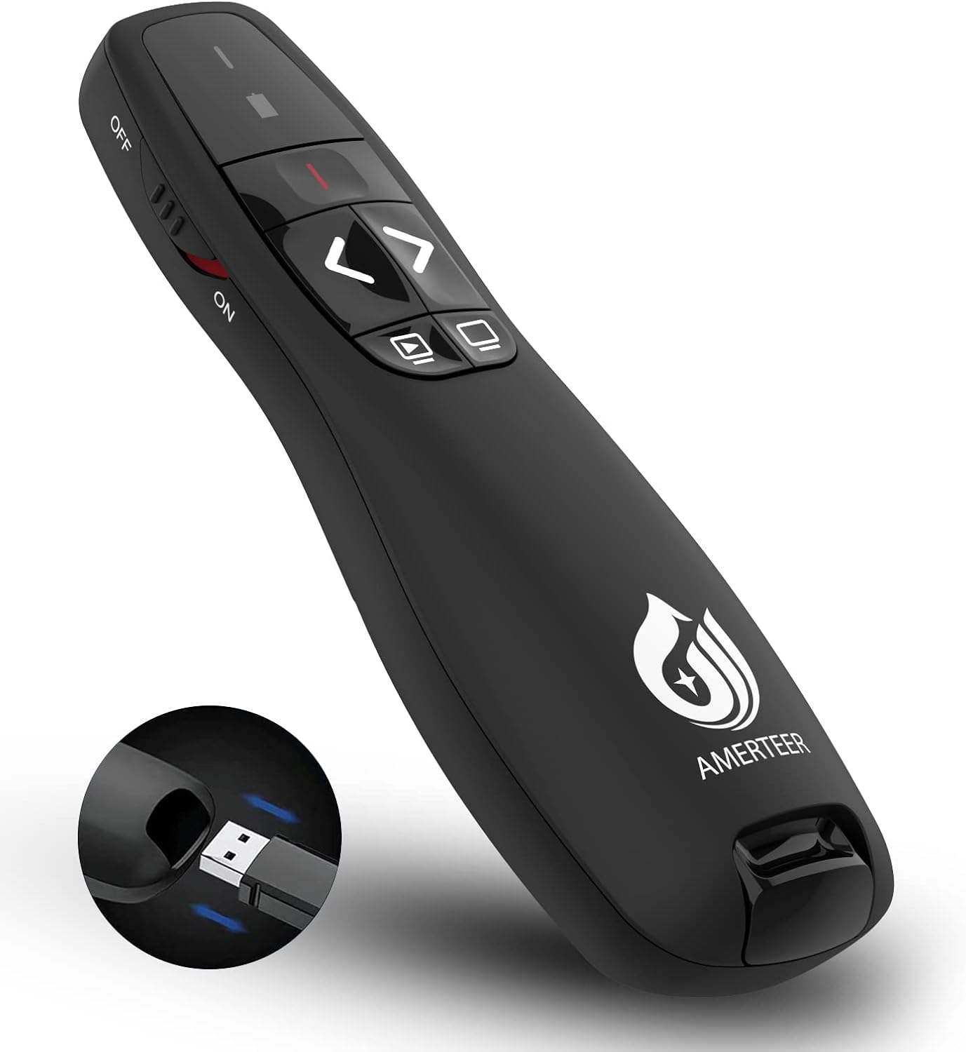 AMERTEER レーザーポインター PPTスライド用リモート ワイヤレス プレゼンター 単四電池式 リモートコントロール PSC認証済み ハイパーリンク操作 PowerPoint、Keynote、Googleスライド用リモート等対応 収納パック付き ブラック (015)