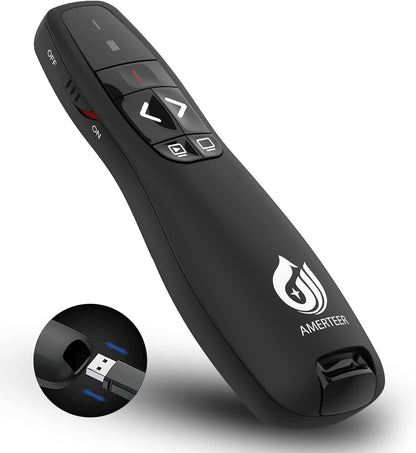 AMERTEER レーザーポインター PPTスライド用リモート ワイヤレス プレゼンター 単四電池式 リモートコントロール PSC認証済み ハイパーリンク操作 PowerPoint、Keynote、Googleスライド用リモート等対応 収納パック付き ブラック (015)