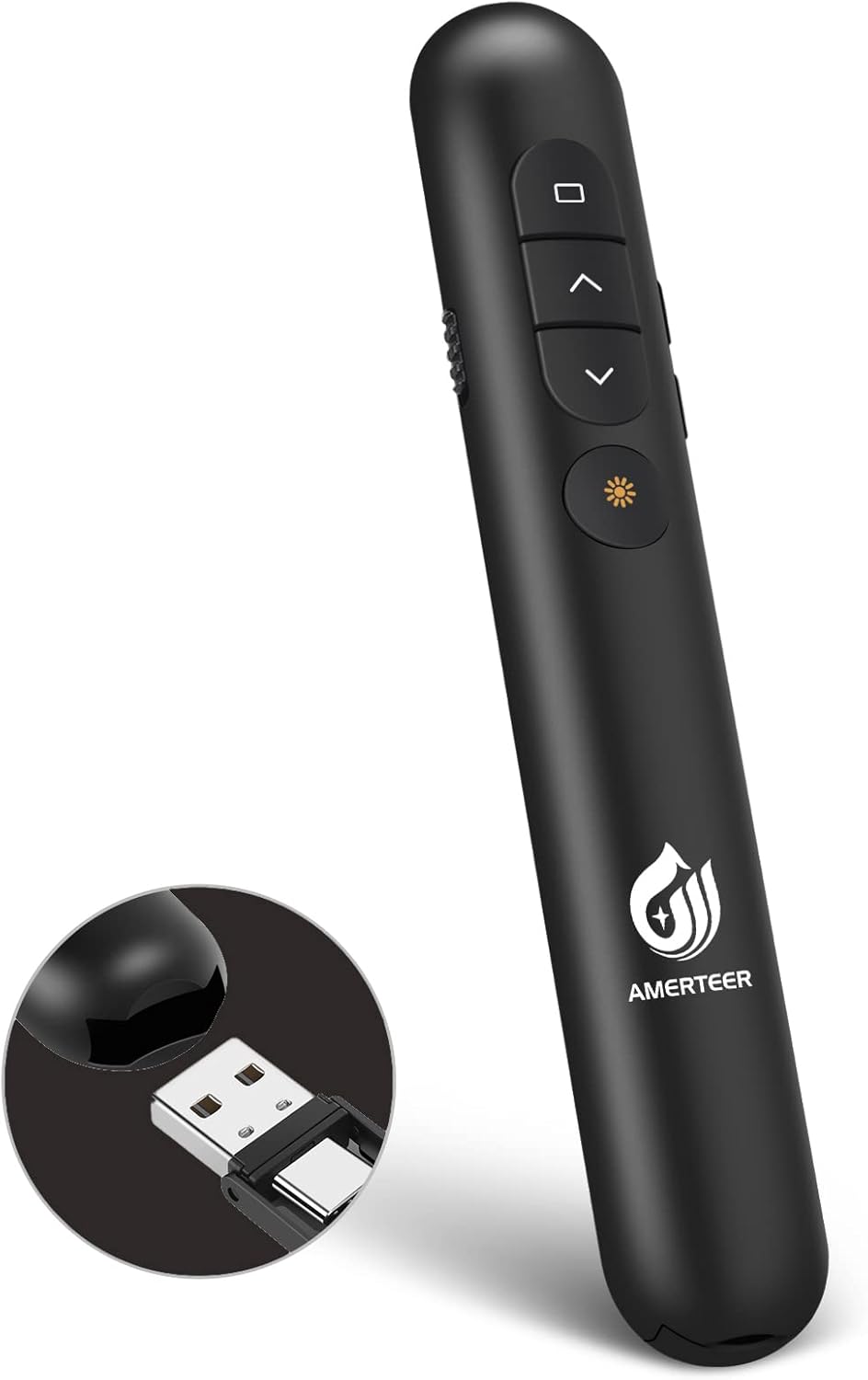 AMERTEER レーザーポインター PPTスライド用リモート ワイヤレス プレゼンター USB充電式 リモートコントロール PSC認証済み ハイパーリンク操作 PowerPoint、Keynote、Googleスライド用リモート等対応 収納パック付き ブラック (068)