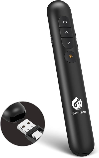 AMERTEER レーザーポインター PPTスライド用リモート ワイヤレス プレゼンター USB充電式 リモートコントロール PSC認証済み ハイパーリンク操作 PowerPoint、Keynote、Googleスライド用リモート等対応 収納パック付き ブラック (068)