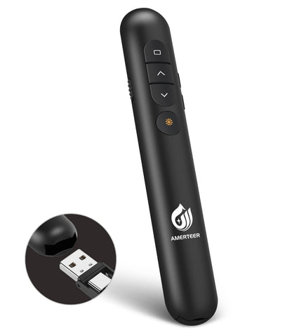 AMERTEER レーザーポインター PPTスライド用リモート ワイヤレス プレゼンター USB充電式 リモートコントロール PSC認証済み ハイパーリンク操作 PowerPoint、Keynote、Googleスライド用リモート等対応 収納パック付き ブラック (068)