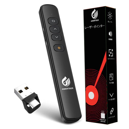 AMERTEER レーザーポインター PPTスライド用リモート ワイヤレス プレゼンター USB充電式 リモートコントロール PSC認証済み ハイパーリンク操作 PowerPoint、Keynote、Googleスライド用リモート等対応 収納パック付き ブラック (067)