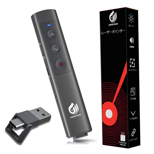 AMERTEER Laser Pointer PPT Slide Remote Wireless Presenter USB Rechargeable Remote Control PSC Certified Hyperlink Control for PowerPoint, Keynote, Google Slide Remote, and More with Storage Pack Gray