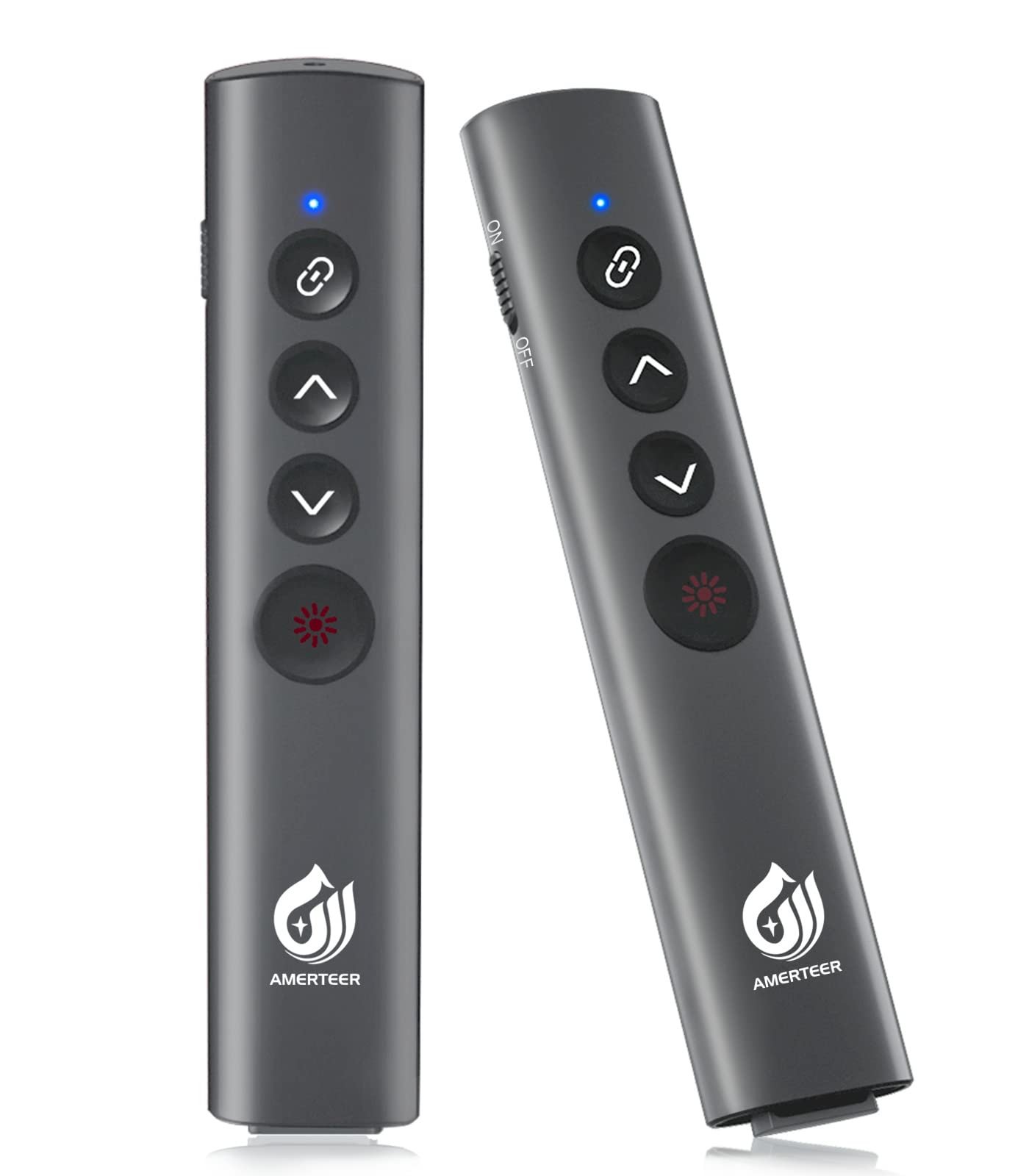 AMERTEER レーザーポインター PPTスライド用リモート ワイヤレス プレゼンター USB充電式 リモートコントロール PSC認証済み ハイパーリンク操作 PowerPoint、Keynote、Googleスライド用リモート等対応 収納パック付き グレー (075)