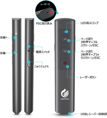 AMERTEER Laser Pointer PPT Slide Remote Wireless Presenter USB Rechargeable Remote Control PSC Certified Hyperlink Control for PowerPoint, Keynote, Google Slide Remote, and More with Storage Pack Gray