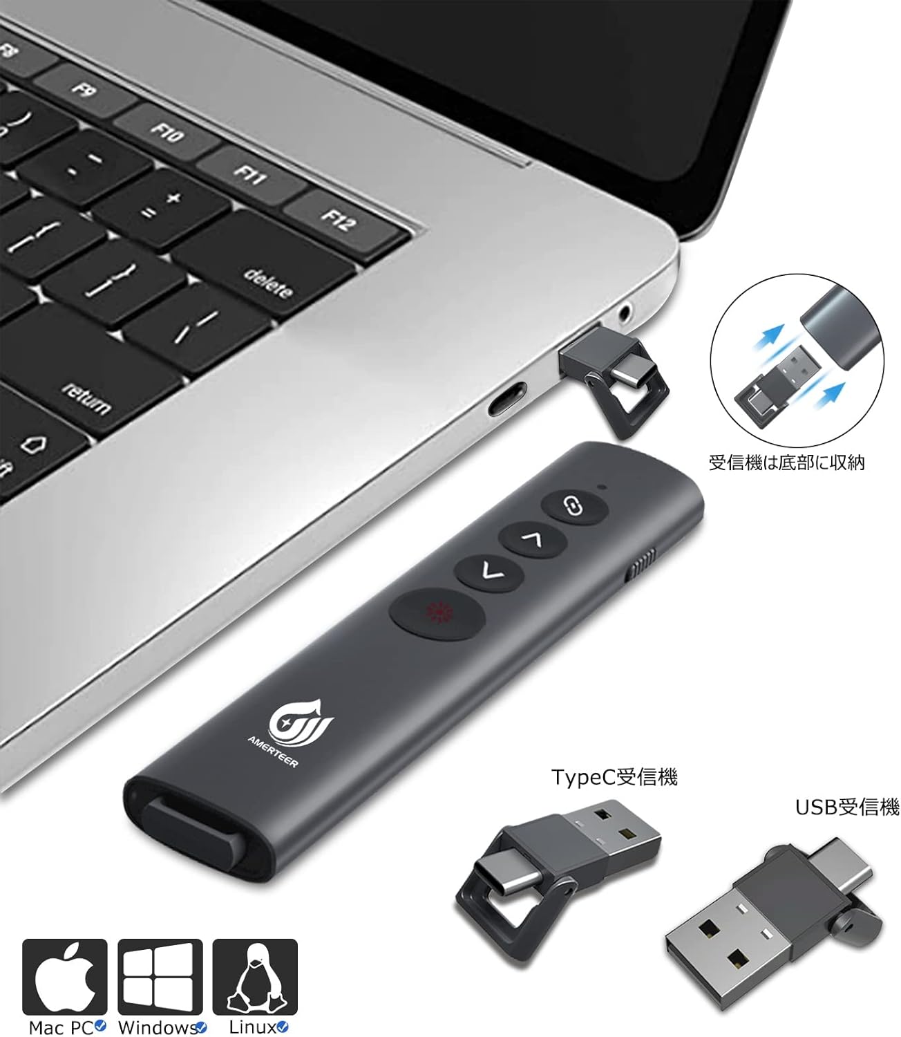 AMERTEER レーザーポインター PPTスライド用リモート ワイヤレス プレゼンター USB充電式 リモートコントロール PSC認証済み ハイパーリンク操作 PowerPoint、Keynote、Googleスライド用リモート等対応 収納パック付き グレー (075)