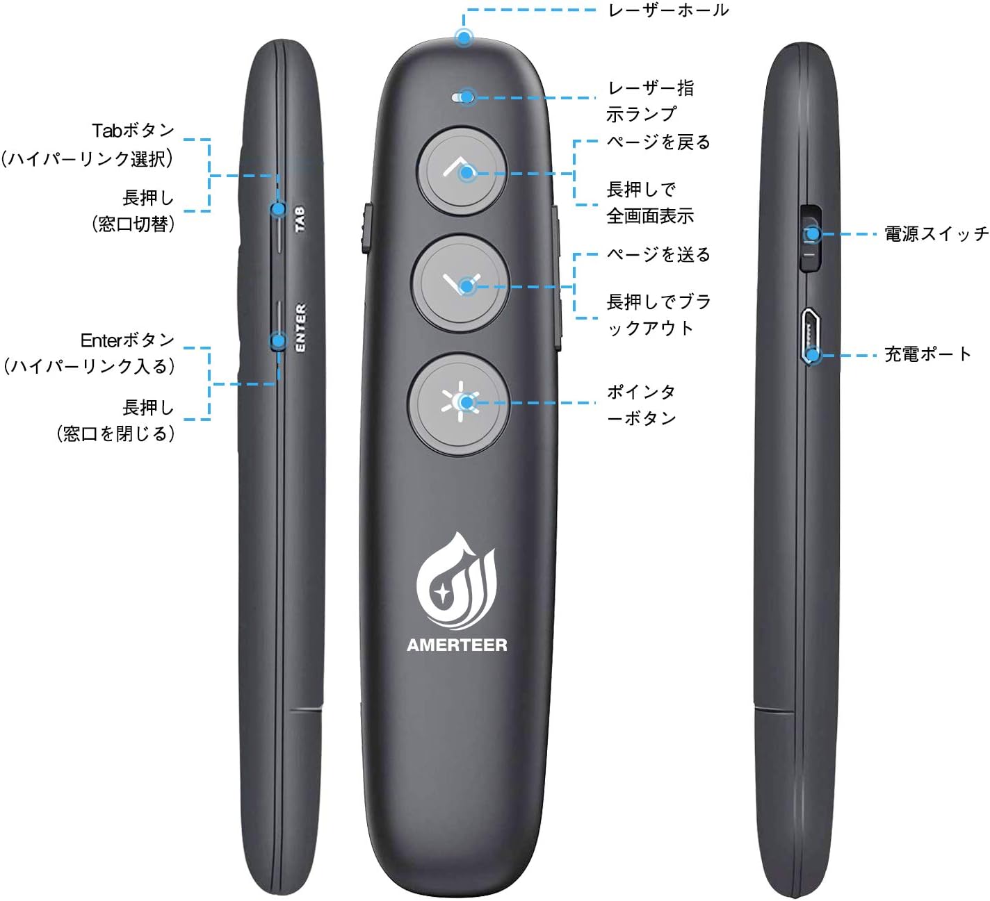 AMERTEER レーザーポインター 講演 PPTスライド用リモート ワイヤレス プレゼンター USB充電式 リモートコントロール ワイヤレスマウス操作 PowerPoint、Keynote、Googleスライド用リモート等対応 収納パック付き ブラック （036）