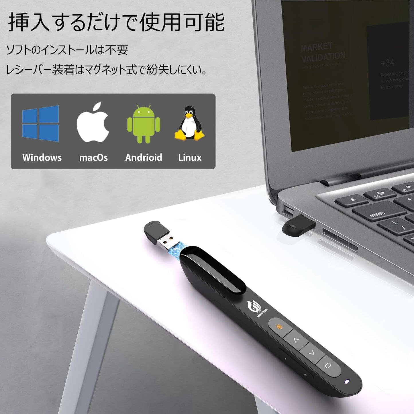 AMERTEER レーザーポインターは、カラスを撃退する高出力レーザーポインター機能を備えた強力なクリック機能があります。PPTスライドリモコン、PSC認証、ワイヤレスマウス操作、PowerPoint、Keynote、Googleスライドなどに対応。カラーはブラック（031）。