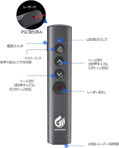 AMERTEER レーザーポインター PPTスライド用リモート ワイヤレス プレゼンター USB充電式 リモートコントロール PSC認証済み ハイパーリンク操作 PowerPoint、Keynote、Googleスライド用リモート等対応 収納パック付き グレー (075)