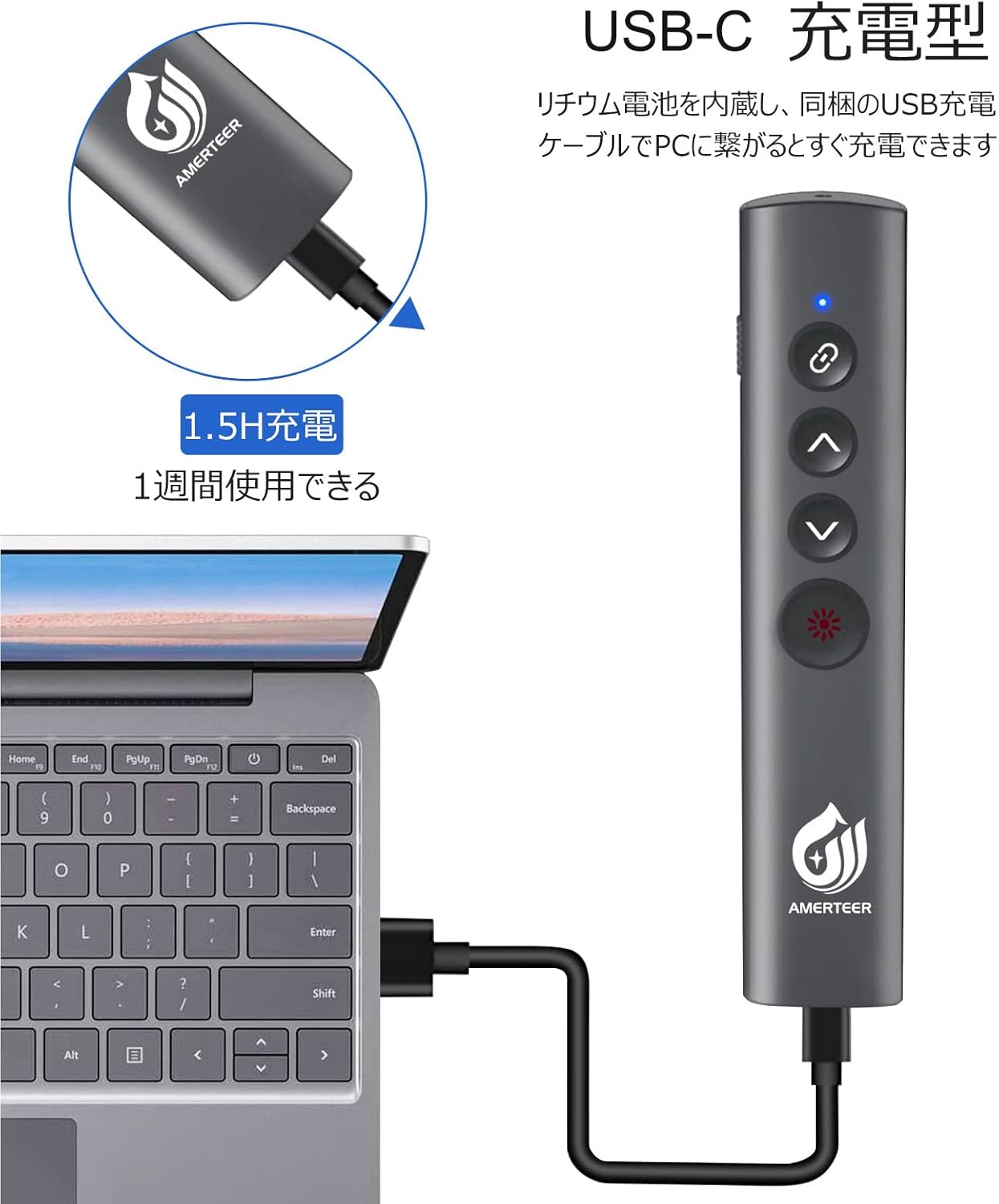 AMERTEER レーザーポインター PPTスライド用リモート ワイヤレス プレゼンター USB充電式 リモートコントロール PSC認証済み ハイパーリンク操作 PowerPoint、Keynote、Googleスライド用リモート等対応 収納パック付き グレー (075)