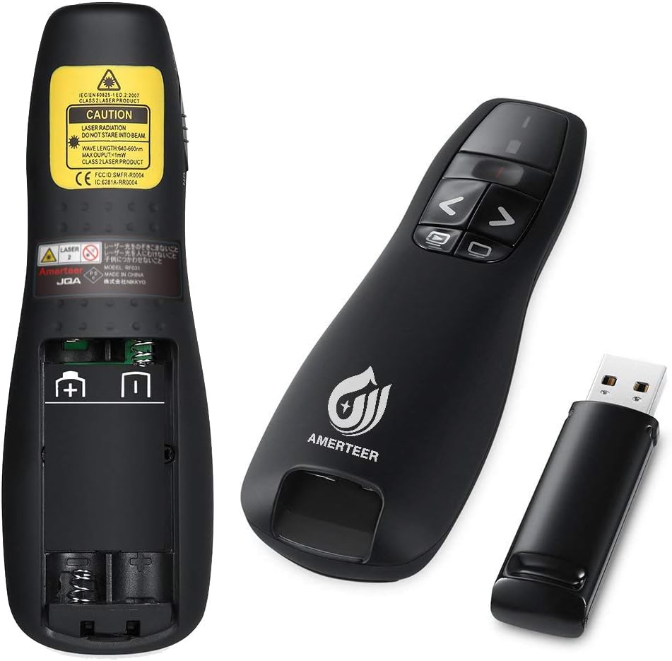 AMERTEER レーザーポインター PPTスライド用リモート ワイヤレス プレゼンター 単四電池式 リモートコントロール PSC認証済み ハイパーリンク操作 PowerPoint、Keynote、Googleスライド用リモート等対応 収納パック付き ブラック (015)