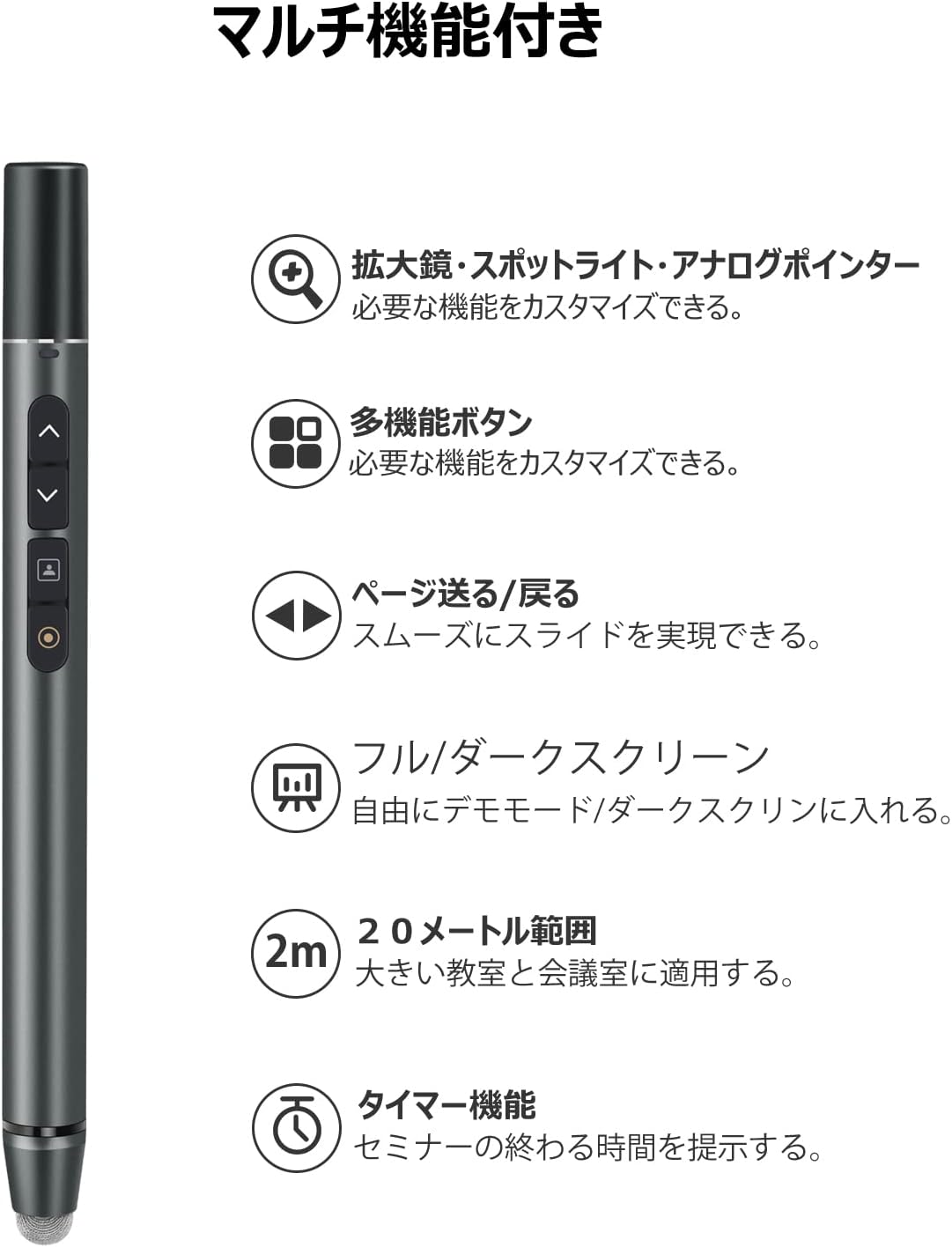 AMERTEERレーザーポインターレモート（モデルH108）は、スライド用のエアマウス、テレビタッチペン、スポットライト、拡大鏡、アナログポインターとしても機能します。調整可能で充電式のリモコンで、PowerPoint、Keynote、Googleなどに対応したプレゼンテーションに最適です