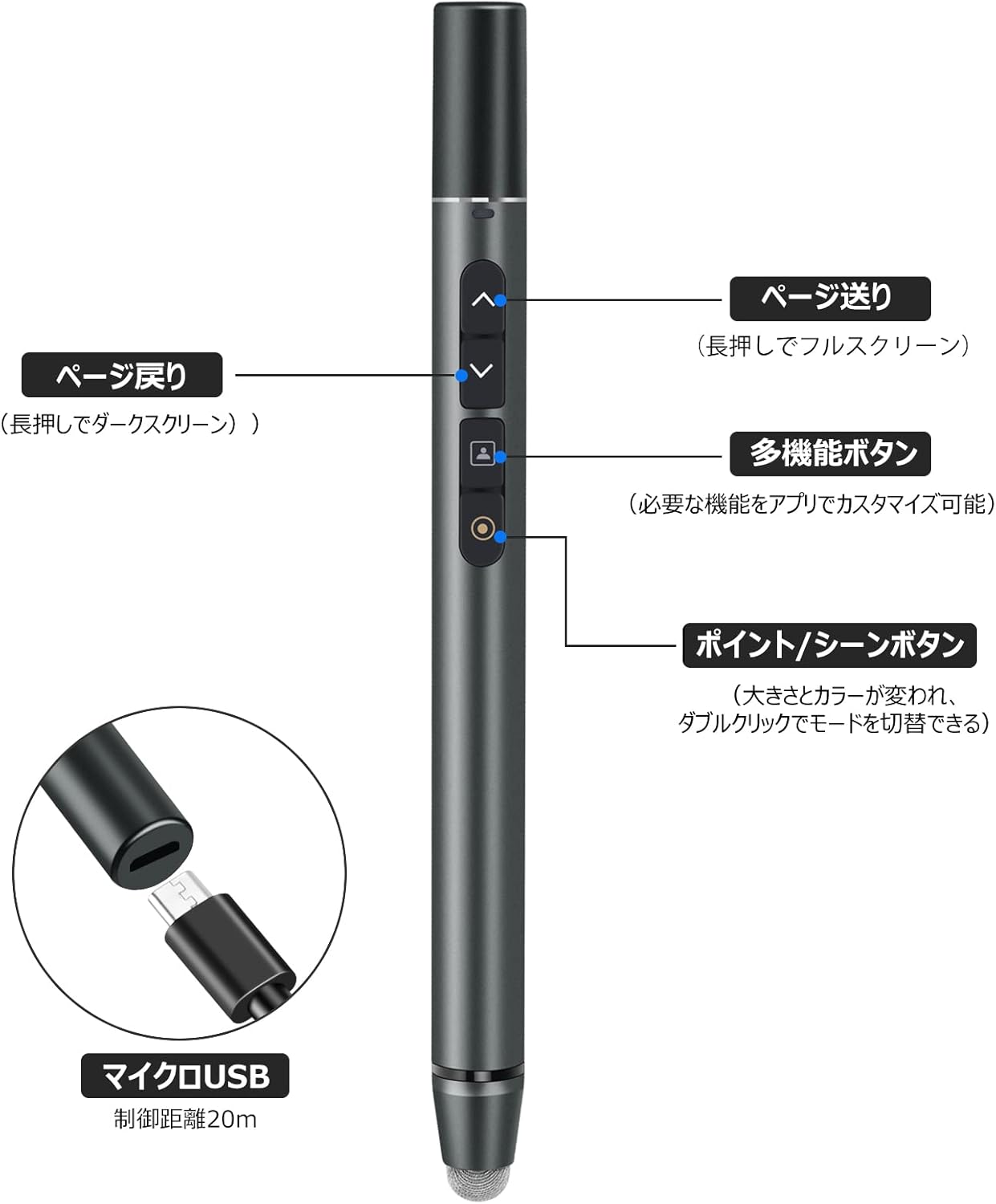 AMERTEERレーザーポインターレモート（モデルH108）は、スライド用のエアマウス、テレビタッチペン、スポットライト、拡大鏡、アナログポインターとしても機能します。調整可能で充電式のリモコンで、PowerPoint、Keynote、Googleなどに対応したプレゼンテーションに最適です