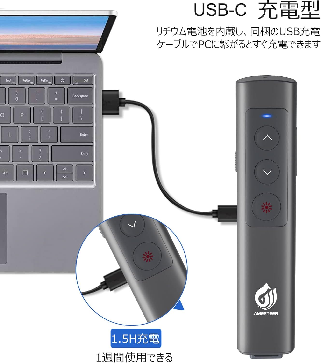 AMERTEER Laser Pointer PPT Slide Remote Wireless Presenter USB Rechargeable Remote Control PSC Certified Hyperlink Control for PowerPoint, Keynote, Google Slide Remote, and More with Storage Pack Gray