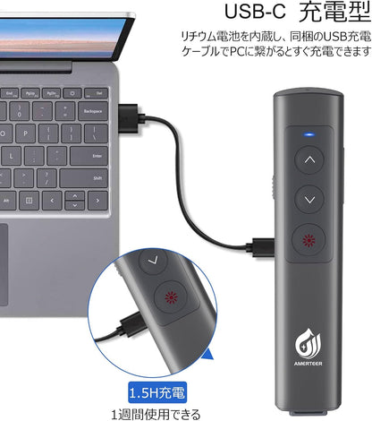 AMERTEER Laser Pointer PPT Slide Remote Wireless Presenter USB Rechargeable Remote Control PSC Certified Hyperlink Control for PowerPoint, Keynote, Google Slide Remote, and More with Storage Pack Gray