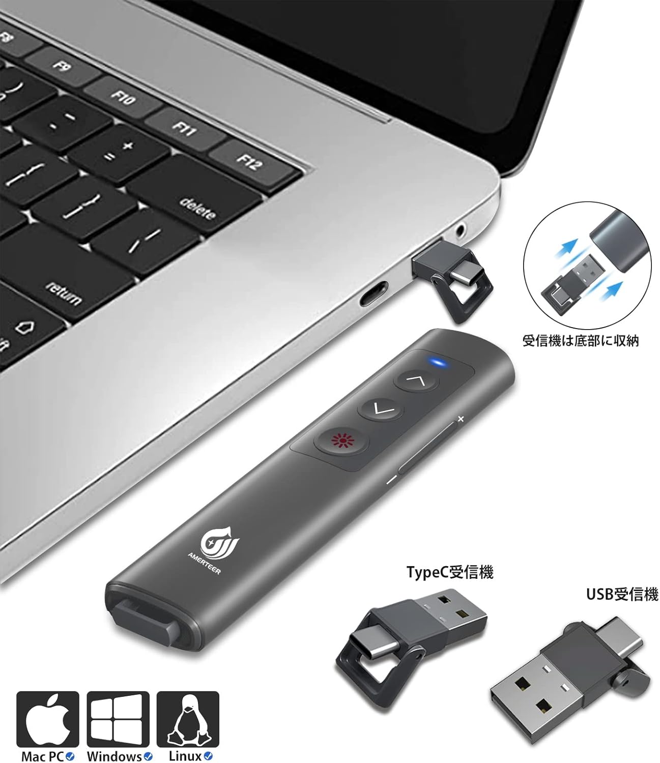 AMERTEER Laser Pointer PPT Slide Remote Wireless Presenter USB Rechargeable Remote Control PSC Certified Hyperlink Control for PowerPoint, Keynote, Google Slide Remote, and More with Storage Pack Gray