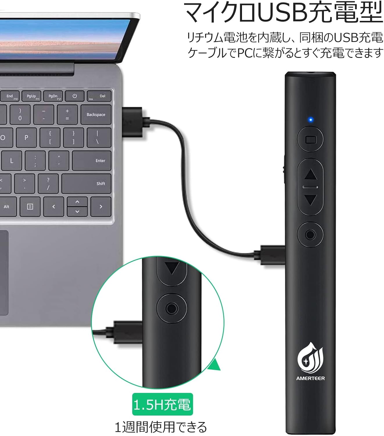 AMERTEER レーザーポインター PPTスライド用リモート ワイヤレス プレゼンター USB充電式 リモートコントロール PSC認証済み ハイパーリンク操作 PowerPoint、Keynote、Googleスライド用リモート等対応 収納パック付き ブラック (073)