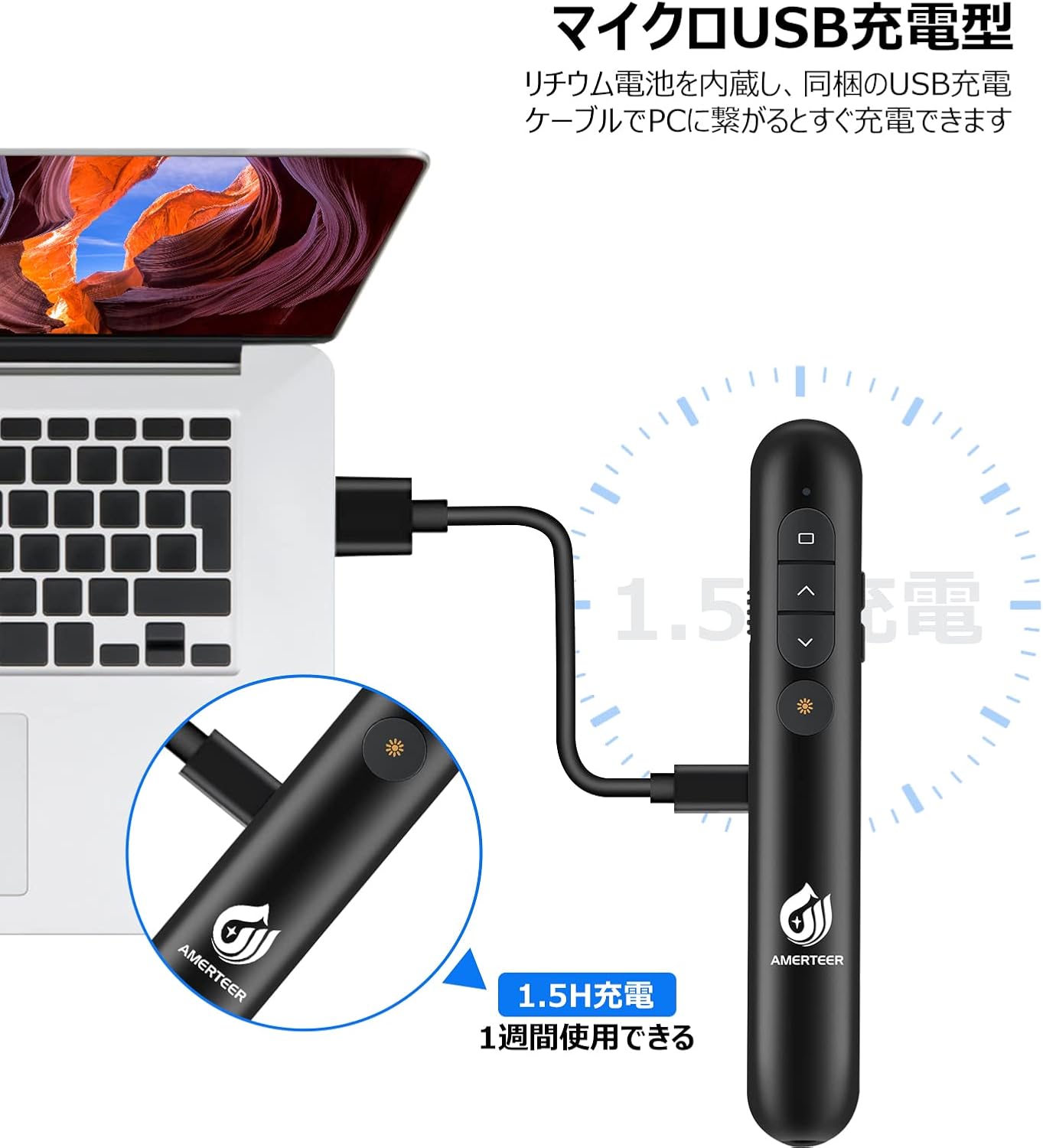 AMERTEER レーザーポインター PPTスライド用リモート ワイヤレス プレゼンター USB充電式 リモートコントロール PSC認証済み ハイパーリンク操作 PowerPoint、Keynote、Googleスライド用リモート等対応 収納パック付き ブラック (068)