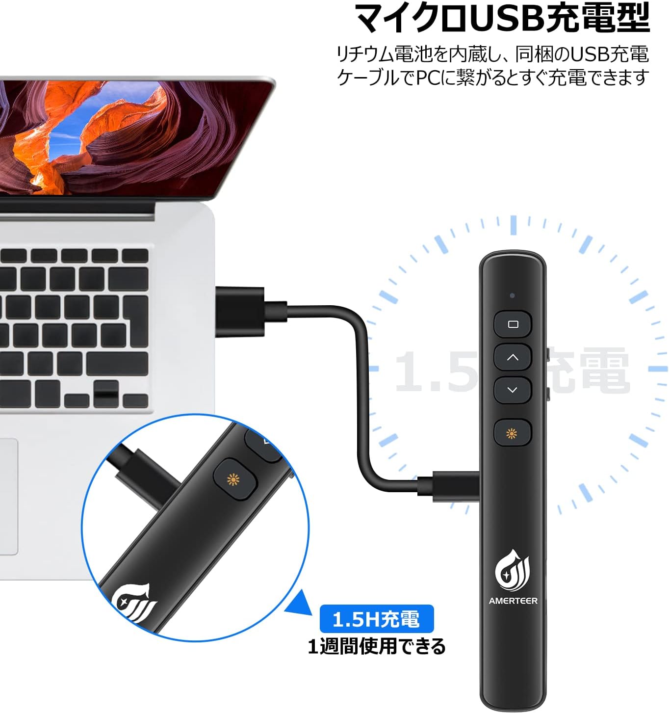 AMERTEER レーザーポインター PPTスライド用リモート ワイヤレス プレゼンター USB充電式 リモートコントロール PSC認証済み ハイパーリンク操作 PowerPoint、Keynote、Googleスライド用リモート等対応 収納パック付き ブラック (067)