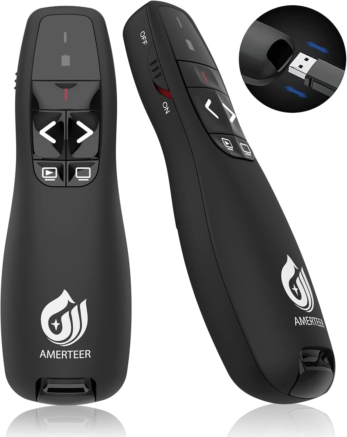 AMERTEER レーザーポインター PPTスライド用リモート ワイヤレス プレゼンター 単四電池式 リモートコントロール PSC認証済み ハイパーリンク操作 PowerPoint、Keynote、Googleスライド用リモート等対応 収納パック付き ブラック (015)