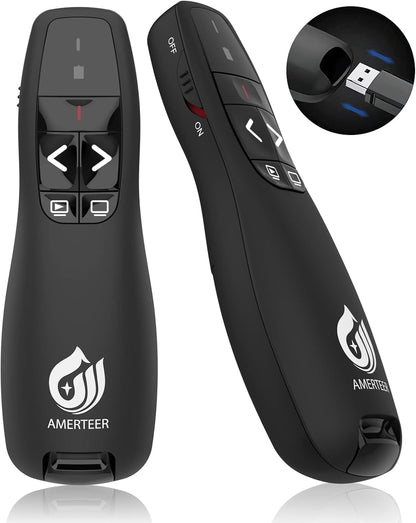 AMERTEER レーザーポインター PPTスライド用リモート ワイヤレス プレゼンター 単四電池式 リモートコントロール PSC認証済み ハイパーリンク操作 PowerPoint、Keynote、Googleスライド用リモート等対応 収納パック付き ブラック (015)