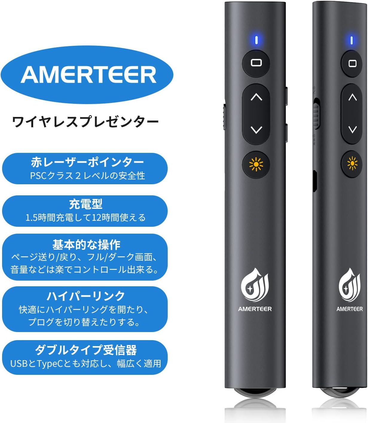 AMERTEER Laser Pointer PPT Slide Remote Wireless Presenter USB Rechargeable Remote Control PSC Certified Hyperlink Control for PowerPoint, Keynote, Google Slide Remote