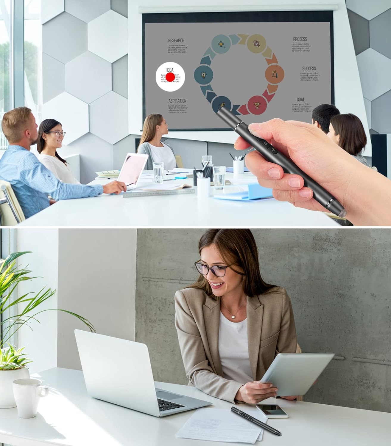 AMERTEERレーザーポインターレモート（モデルH108）は、スライド用のエアマウス、テレビタッチペン、スポットライト、拡大鏡、アナログポインターとしても機能します。調整可能で充電式のリモコンで、PowerPoint、Keynote、Googleなどに対応したプレゼンテーションに最適です