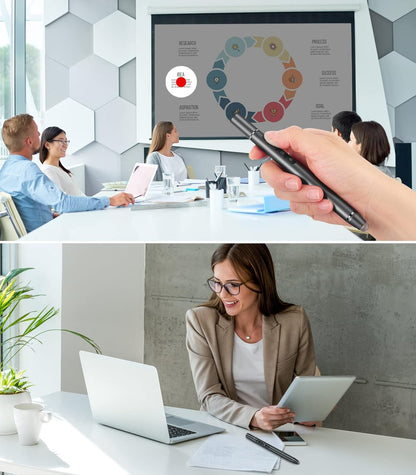 AMERTEERレーザーポインターレモート（モデルH108）は、スライド用のエアマウス、テレビタッチペン、スポットライト、拡大鏡、アナログポインターとしても機能します。調整可能で充電式のリモコンで、PowerPoint、Keynote、Googleなどに対応したプレゼンテーションに最適です