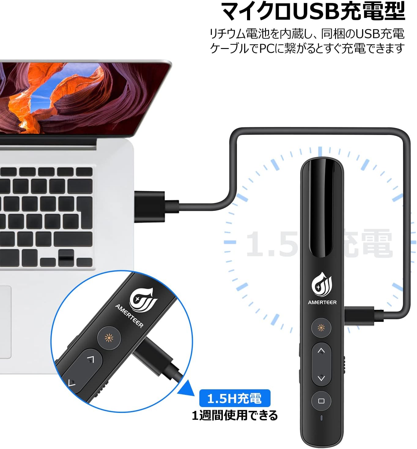 AMERTEER レーザーポインター PPTスライド用リモート ワイヤレス プレゼンター USB充電式 リモートコントロール PSC認証済み ハイパーリンク操作 PowerPoint、Keynote、Googleスライド用リモート等対応 収納パック付き ブラック (072)