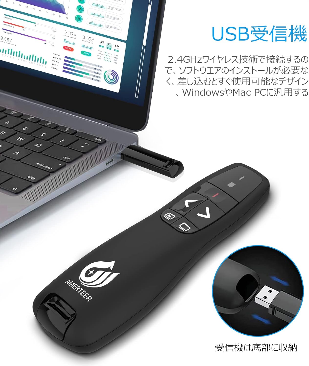 AMERTEER レーザーポインター PPTスライド用リモート ワイヤレス プレゼンター 単四電池式 リモートコントロール PSC認証済み ハイパーリンク操作 PowerPoint、Keynote、Googleスライド用リモート等対応 収納パック付き ブラック (015)